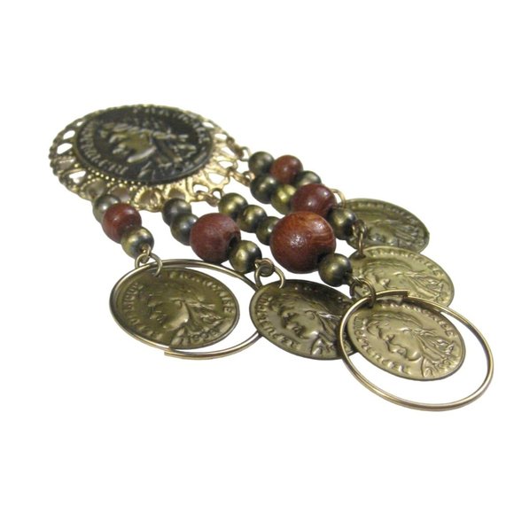 Faux Coin Republique Francaise Brooch 3.8 in Pin Goldtone Dangle Vintage FLAW - Picture 5 of 8